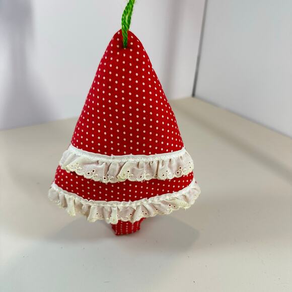 Vintage Handmade Christmas Ornament Red Polka Dot Eyelet Tree Soft Plush Stuffed - Picture 4 of 6